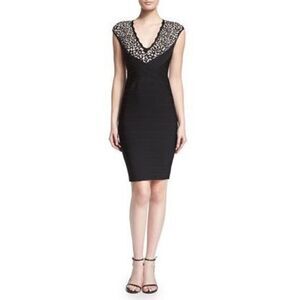 Herve Leger 30th Anniversary Black Bodycon Bandage Dress Tan V Neck Floral XS